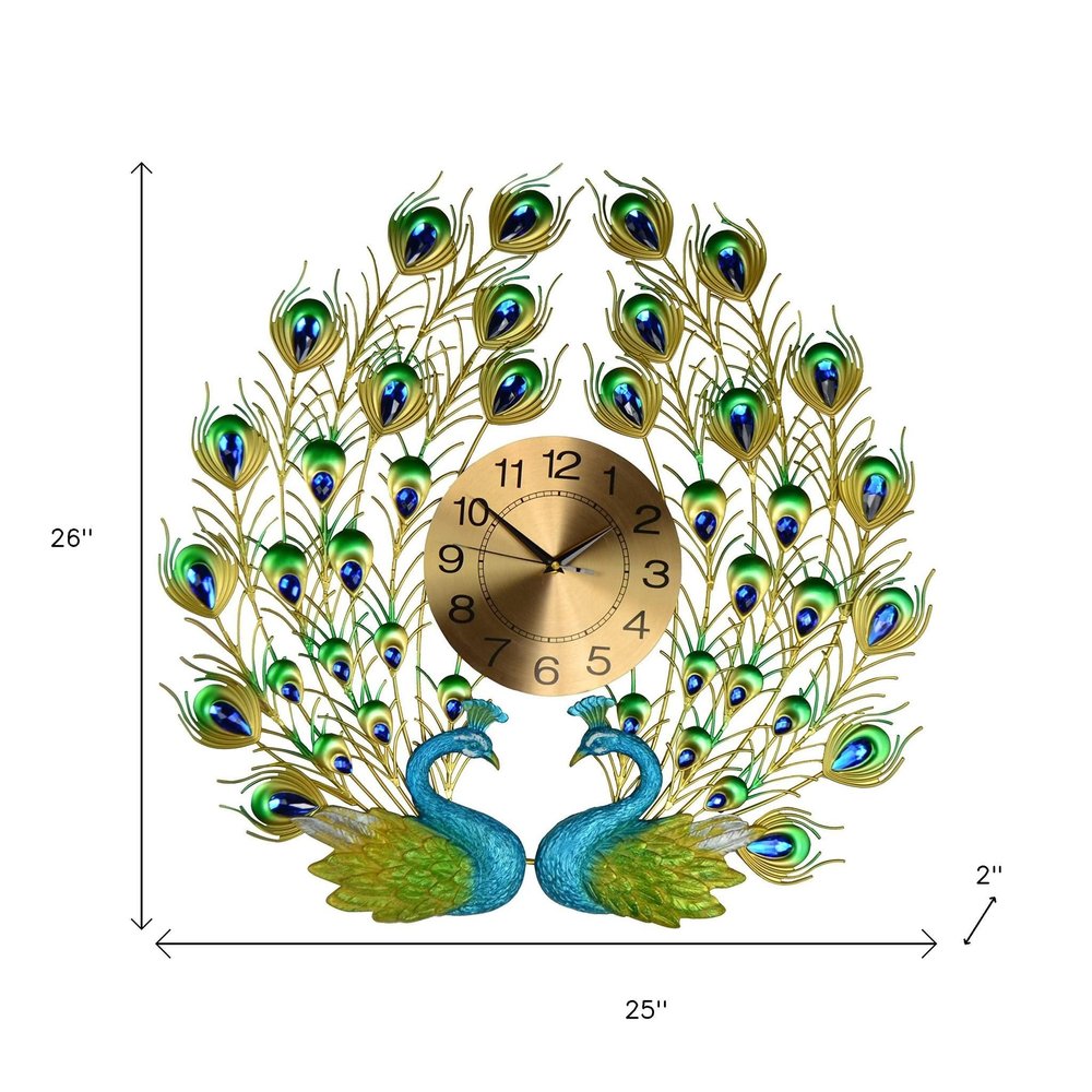 25" Blue Green And Gold Metal Silent Analog Peacock Novelty Wall Clock