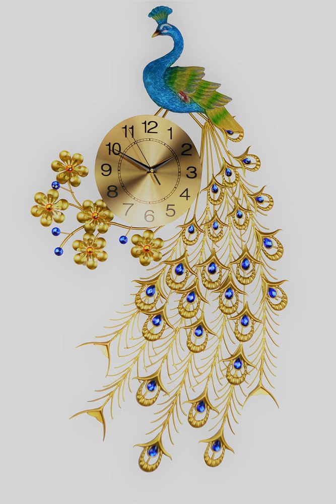 21" Blue Green And Gold Metal Silent Analog Peacock Novelty Wall Clock