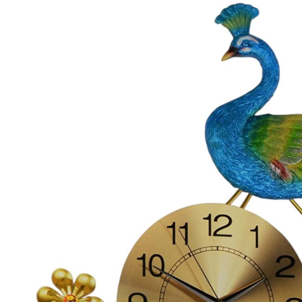 21" Blue Green And Gold Metal Silent Analog Peacock Novelty Wall Clock