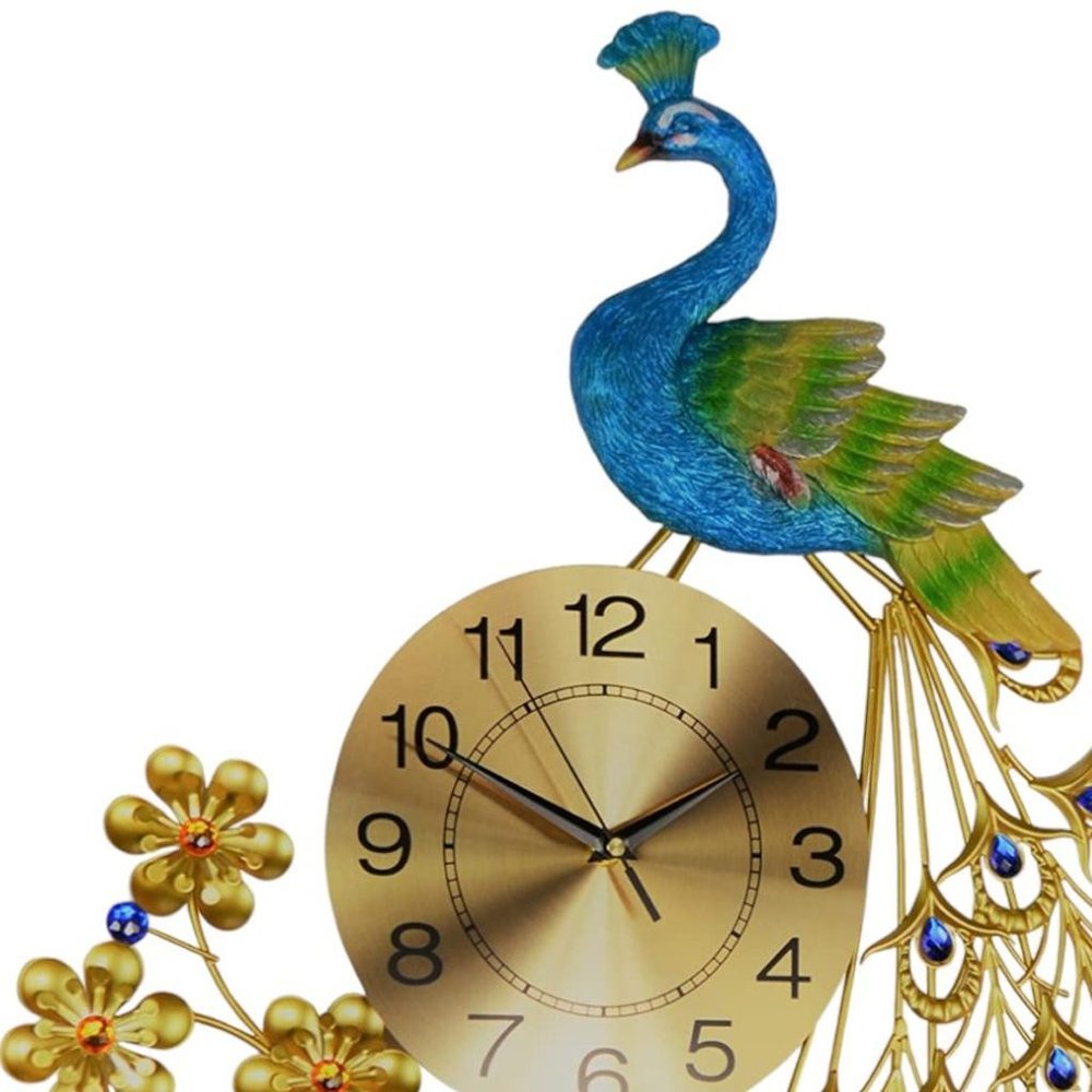21" Blue Green And Gold Metal Silent Analog Peacock Novelty Wall Clock
