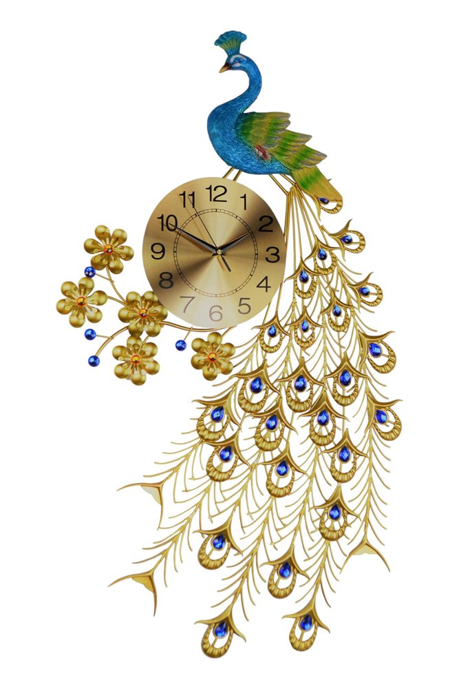 21" Blue Green And Gold Metal Silent Analog Peacock Novelty Wall Clock