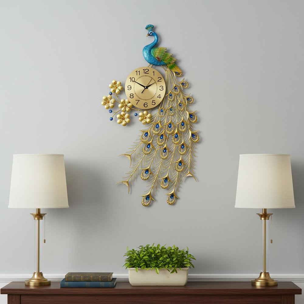 21" Blue Green And Gold Metal Silent Analog Peacock Novelty Wall Clock