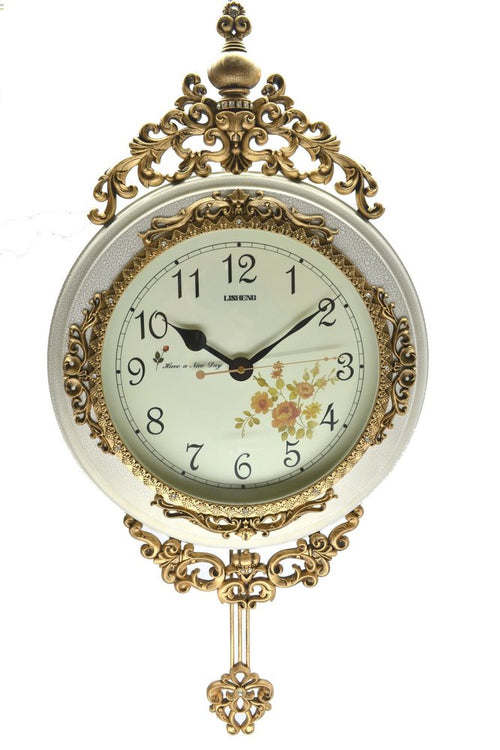 15" Ivory And Gold Resin Silent Pendulum Ornate Round Wall Clock