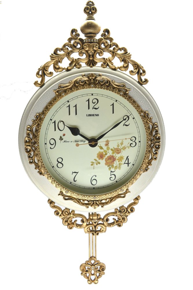 15" Ivory And Gold Resin Silent Pendulum Ornate Round Wall Clock