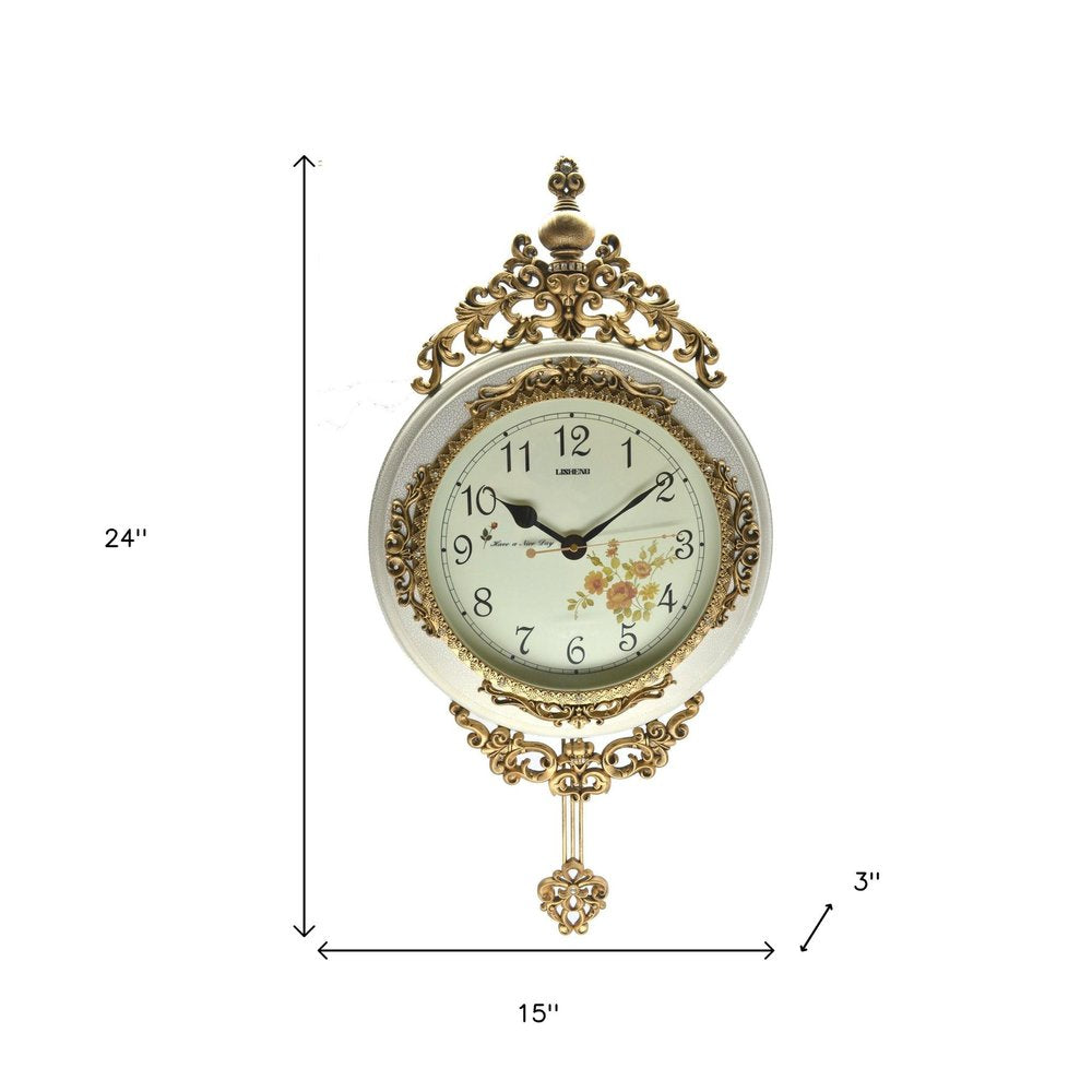 15" Ivory And Gold Resin Silent Pendulum Ornate Round Wall Clock