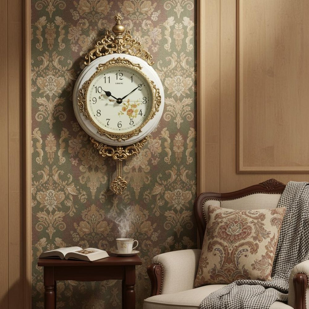 15" Ivory And Gold Resin Silent Pendulum Ornate Round Wall Clock