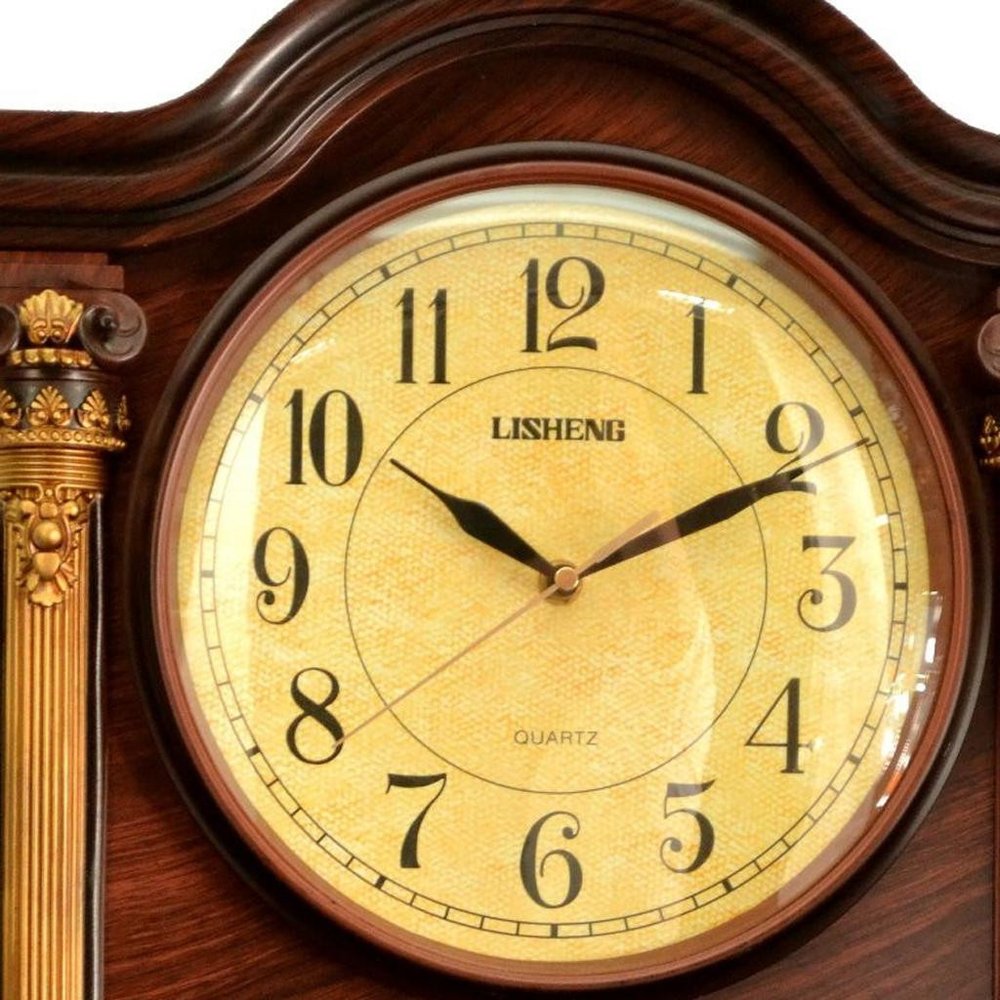 16" Walnut And Gold Resin Silent Analog Ornate Wall Clock