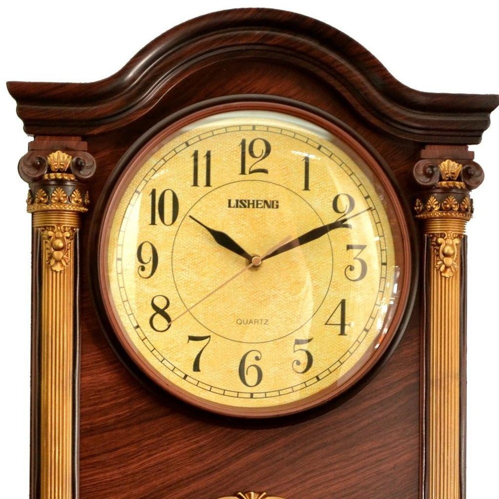 16" Walnut And Gold Resin Silent Analog Ornate Wall Clock