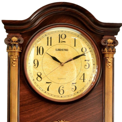 16" Walnut And Gold Resin Silent Analog Ornate Wall Clock