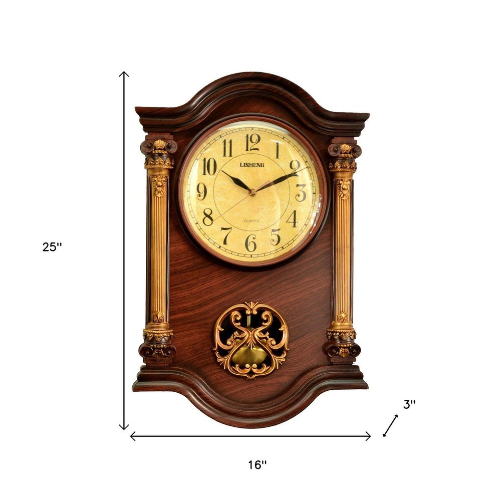 16" Walnut And Gold Resin Silent Analog Ornate Wall Clock
