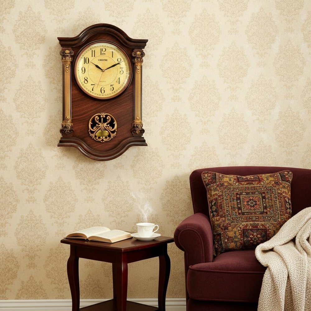 16" Walnut And Gold Resin Silent Analog Ornate Wall Clock