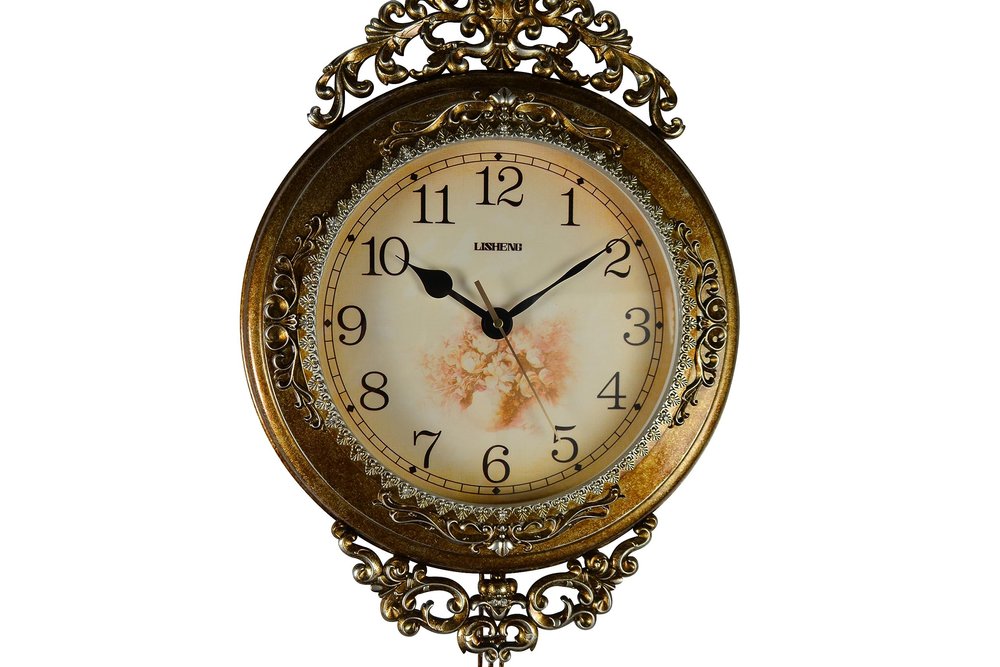 15" Gold And Silver Resin Silent Pendulum Ornate Round Wall Clock