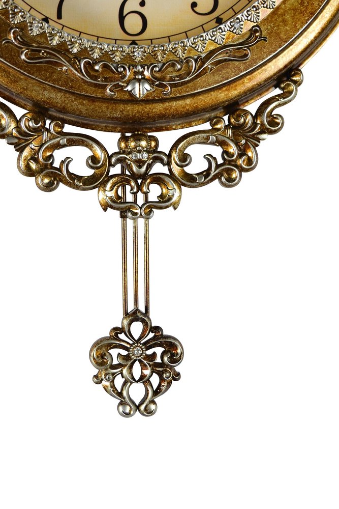 15" Gold And Silver Resin Silent Pendulum Ornate Round Wall Clock