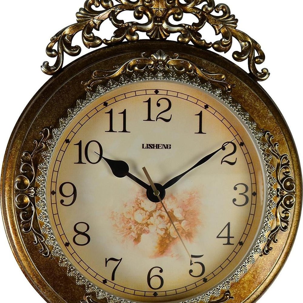 15" Gold And Silver Resin Silent Pendulum Ornate Round Wall Clock