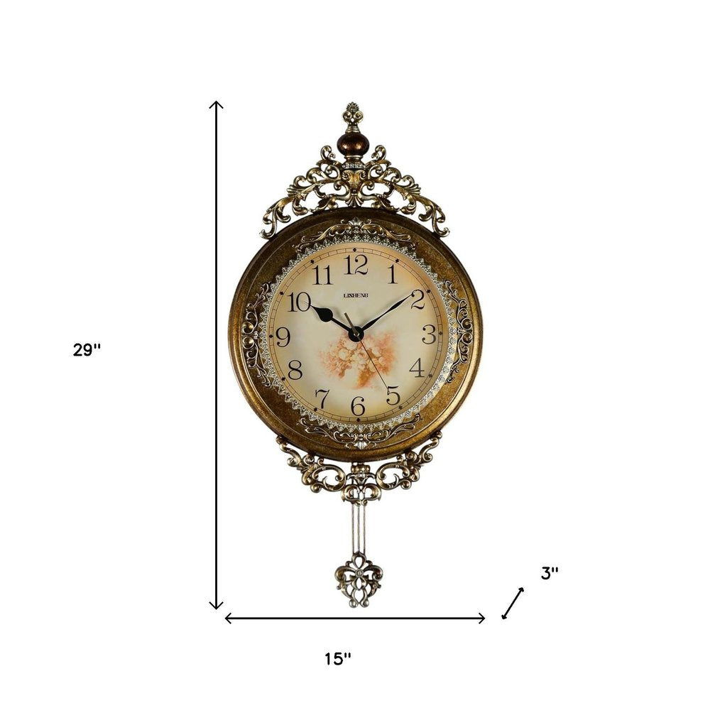 15" Gold And Silver Resin Silent Pendulum Ornate Round Wall Clock