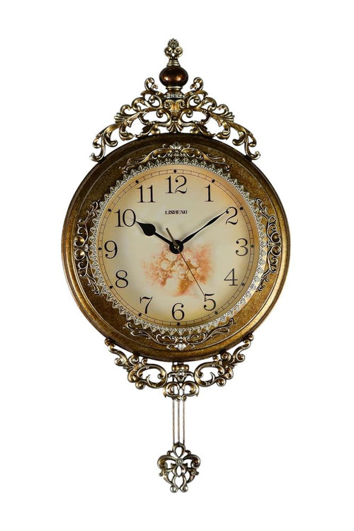 15" Gold And Silver Resin Silent Pendulum Ornate Round Wall Clock