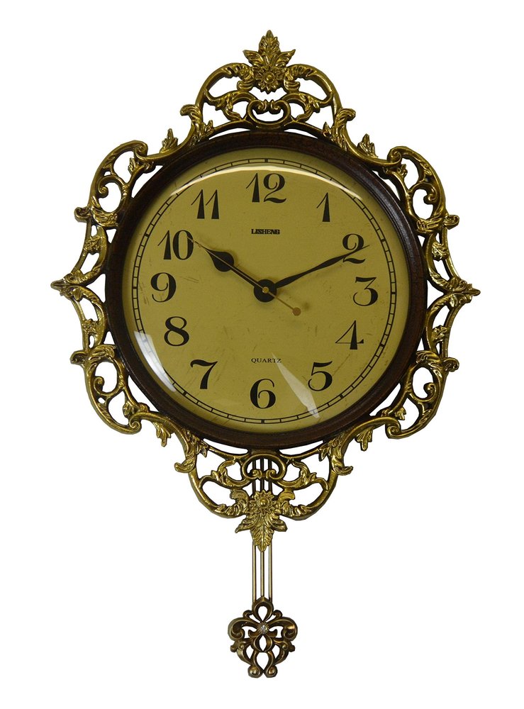 18" Brown Gold And Black Resin Silent Pendulum Ornate Round Wall Clock