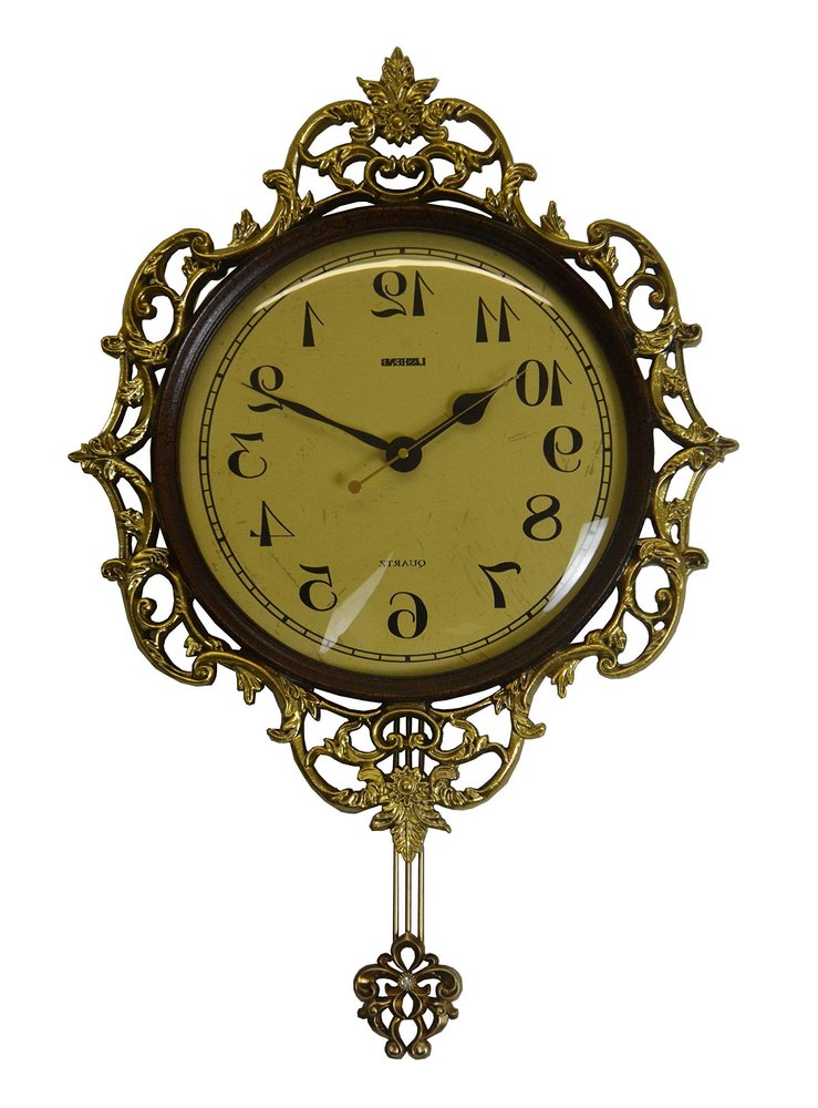 18" Brown Gold And Black Resin Silent Pendulum Ornate Round Wall Clock