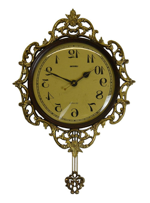 18" Brown Gold And Black Resin Silent Pendulum Ornate Round Wall Clock