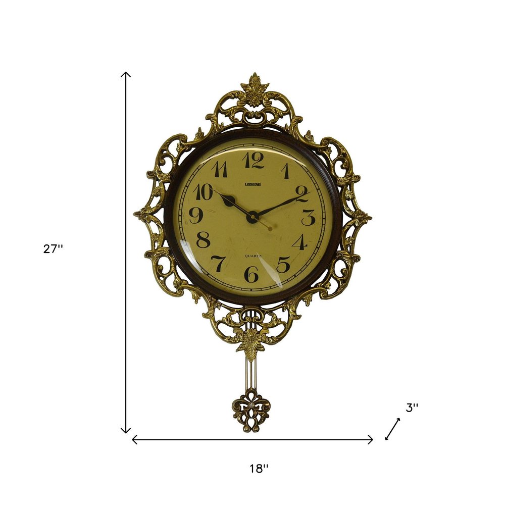 18" Brown Gold And Black Resin Silent Pendulum Ornate Round Wall Clock