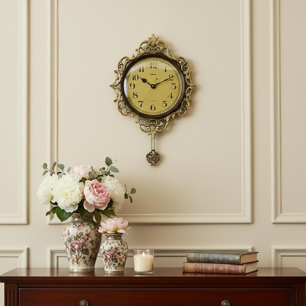 18" Brown Gold And Black Resin Silent Pendulum Ornate Round Wall Clock