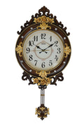 13" Brown Gold And White Resin Silent Pendulum Ornate Oval Wall Clock