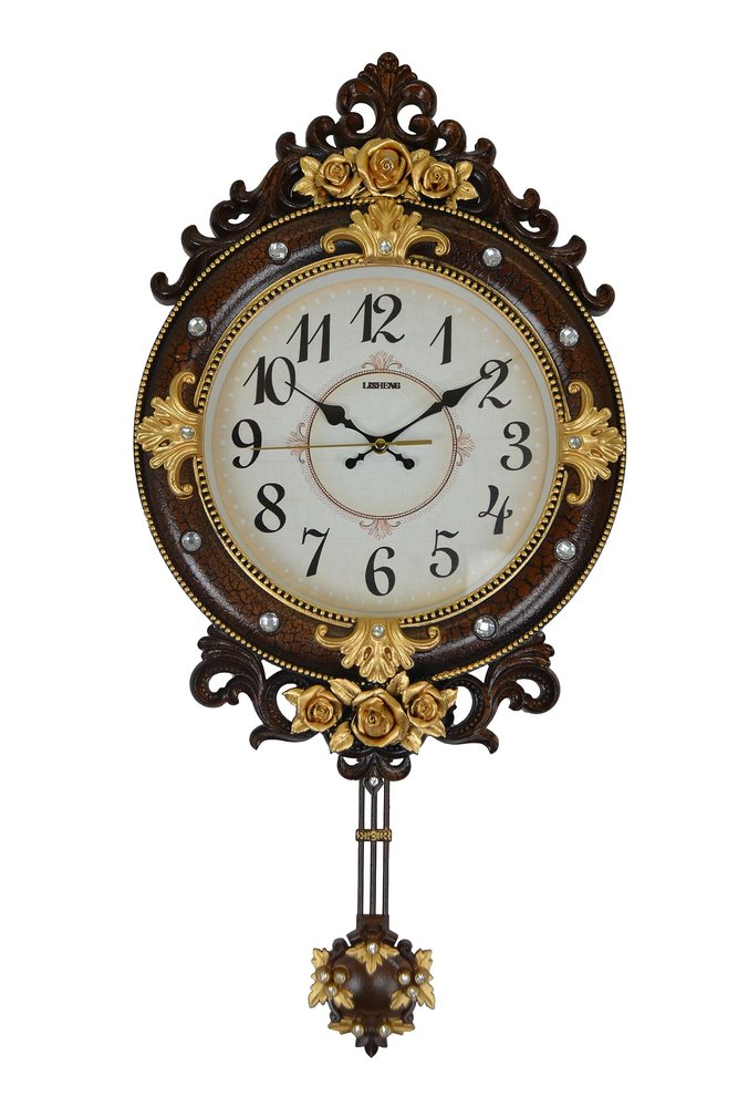13" Brown Gold And White Resin Silent Pendulum Ornate Oval Wall Clock