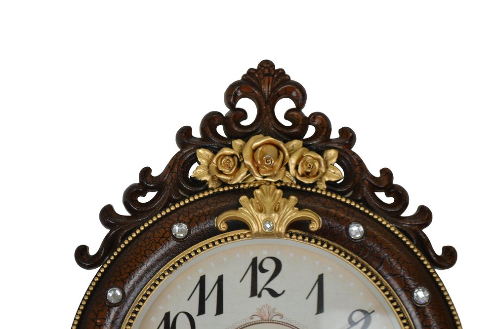 13" Brown Gold And White Resin Silent Pendulum Ornate Oval Wall Clock