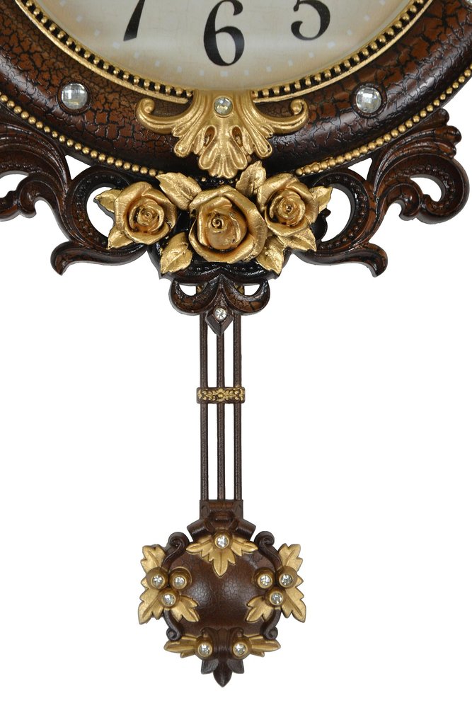 13" Brown Gold And White Resin Silent Pendulum Ornate Oval Wall Clock