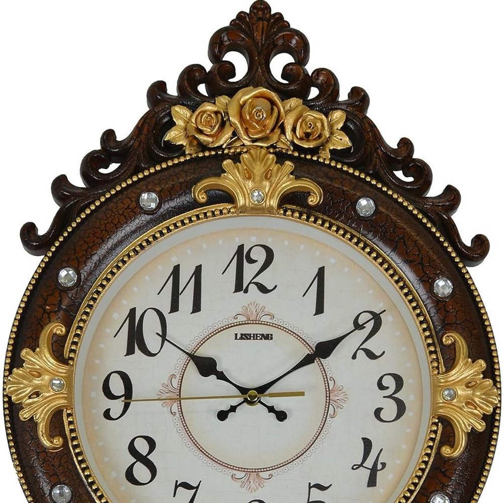 13" Brown Gold And White Resin Silent Pendulum Ornate Oval Wall Clock
