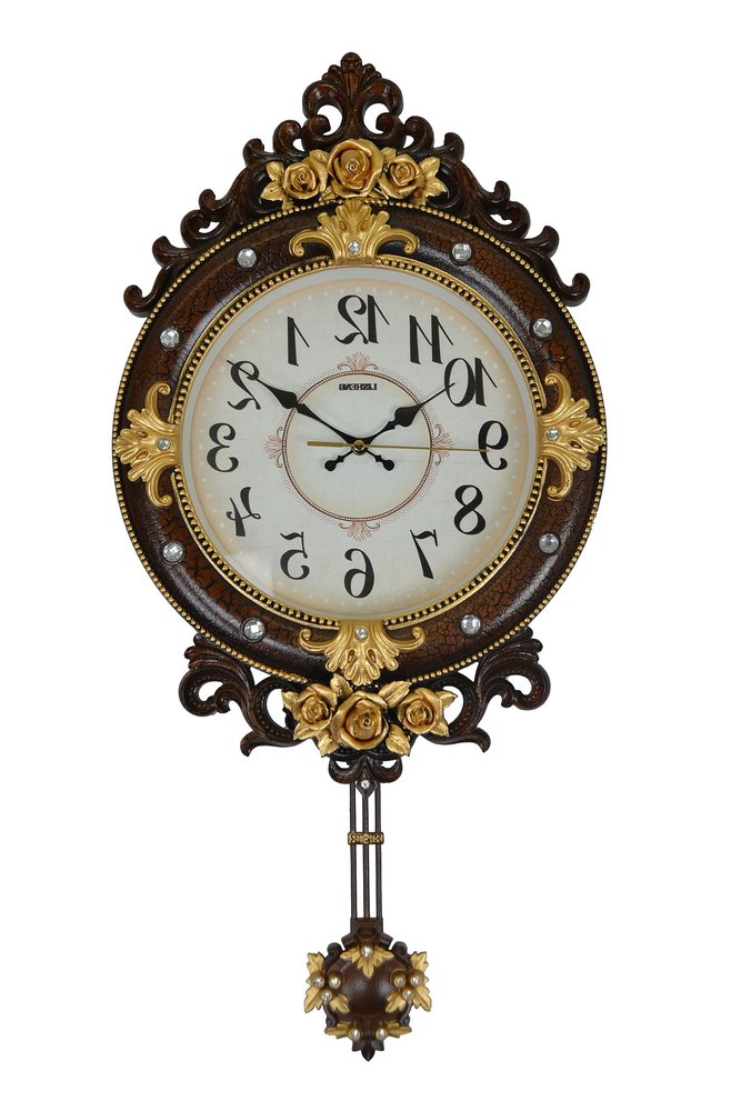 13" Brown Gold And White Resin Silent Pendulum Ornate Oval Wall Clock