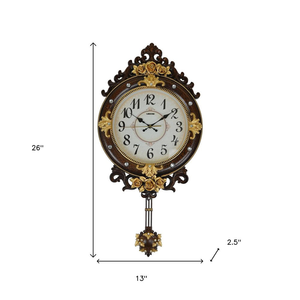 13" Brown Gold And White Resin Silent Pendulum Ornate Oval Wall Clock