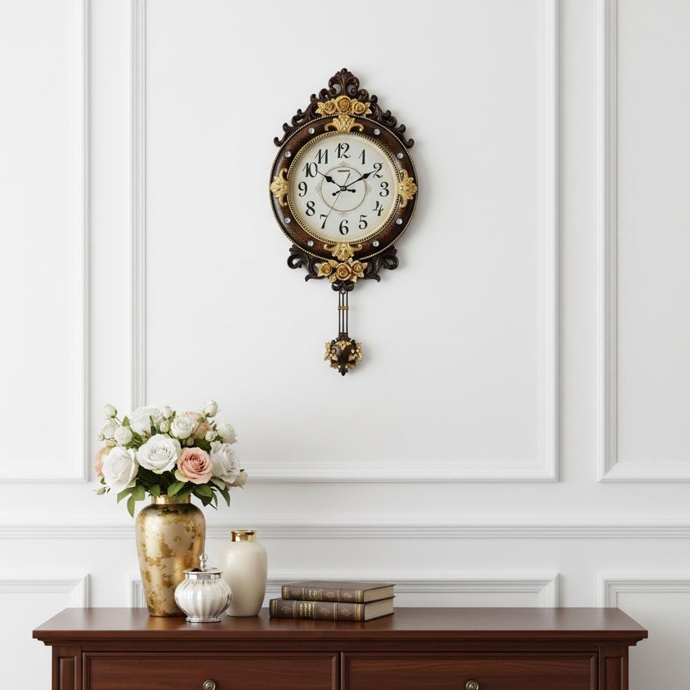 13" Brown Gold And White Resin Silent Pendulum Ornate Oval Wall Clock
