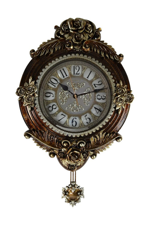 16" Brown And Silver Resin Silent Pendulum Ornate Oval Wall Clock