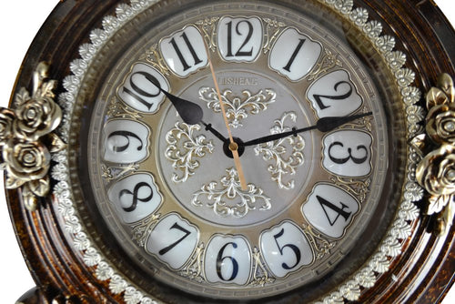 16" Brown And Silver Resin Silent Pendulum Ornate Oval Wall Clock