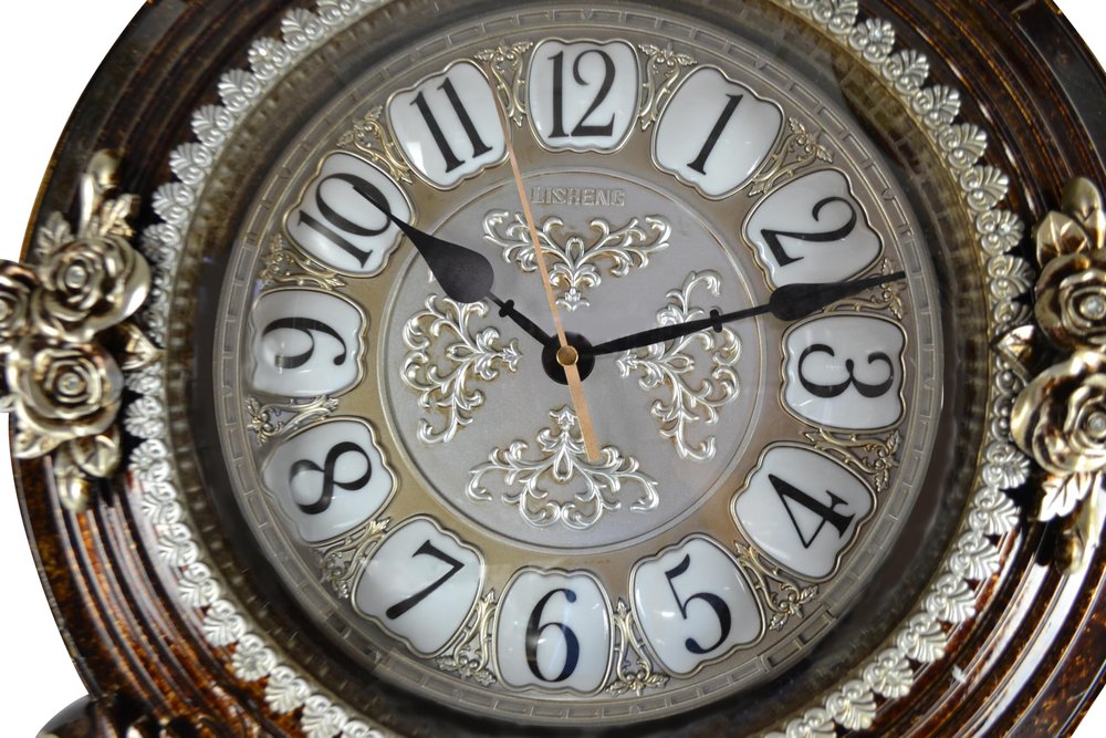 16" Brown And Silver Resin Silent Pendulum Ornate Oval Wall Clock