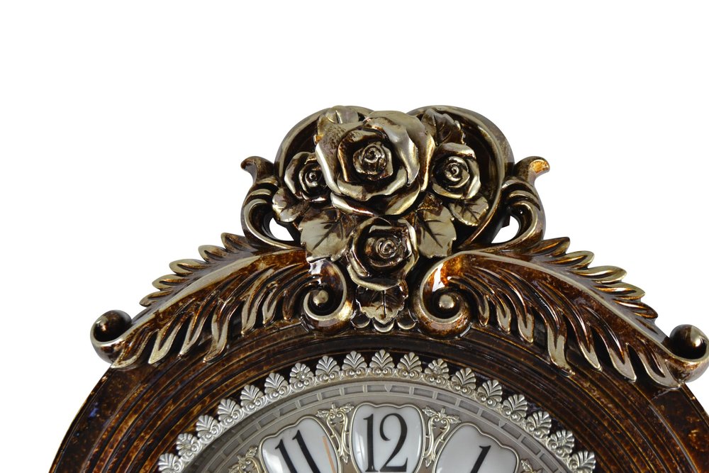 16" Brown And Silver Resin Silent Pendulum Ornate Oval Wall Clock