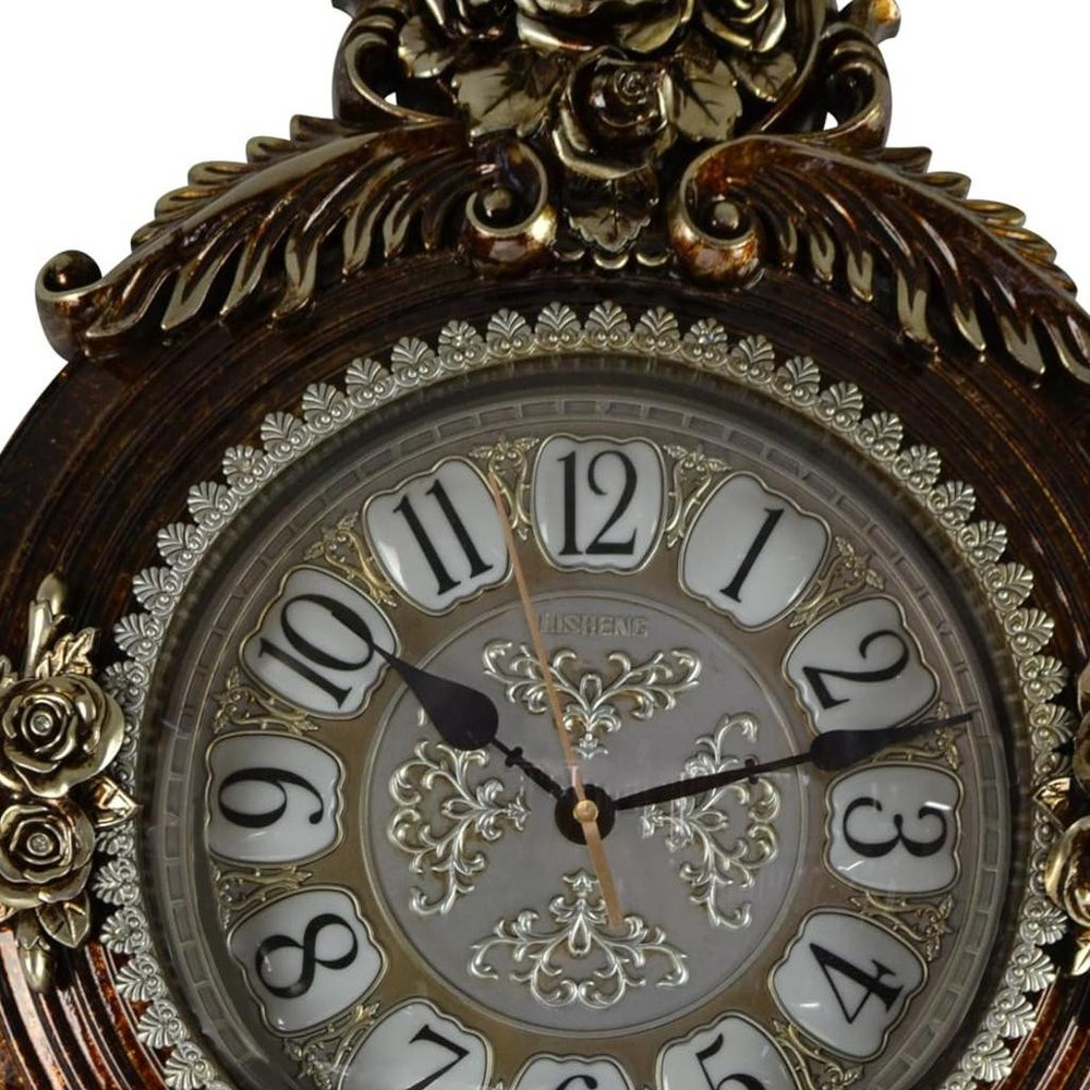 16" Brown And Silver Resin Silent Pendulum Ornate Oval Wall Clock