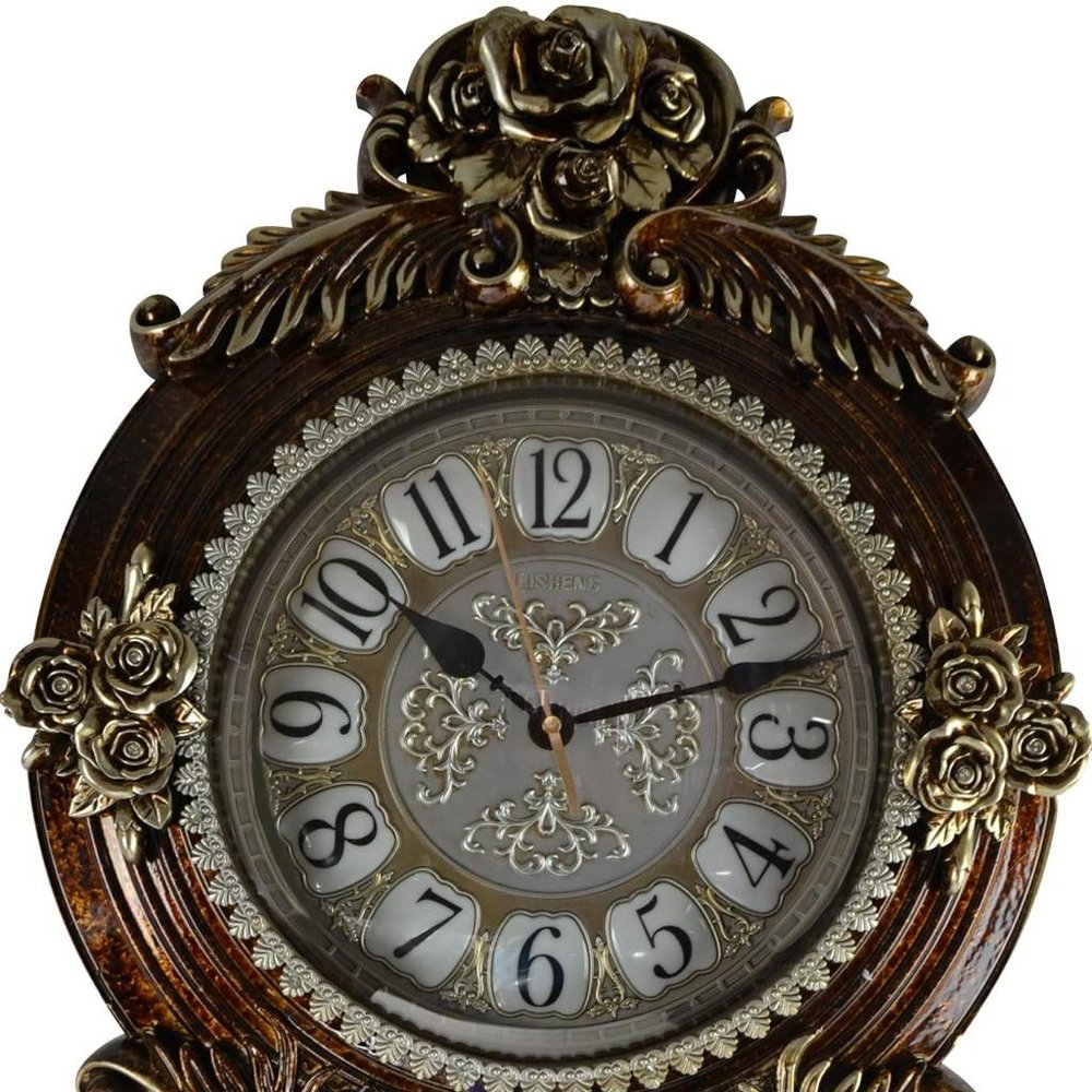16" Brown And Silver Resin Silent Pendulum Ornate Oval Wall Clock