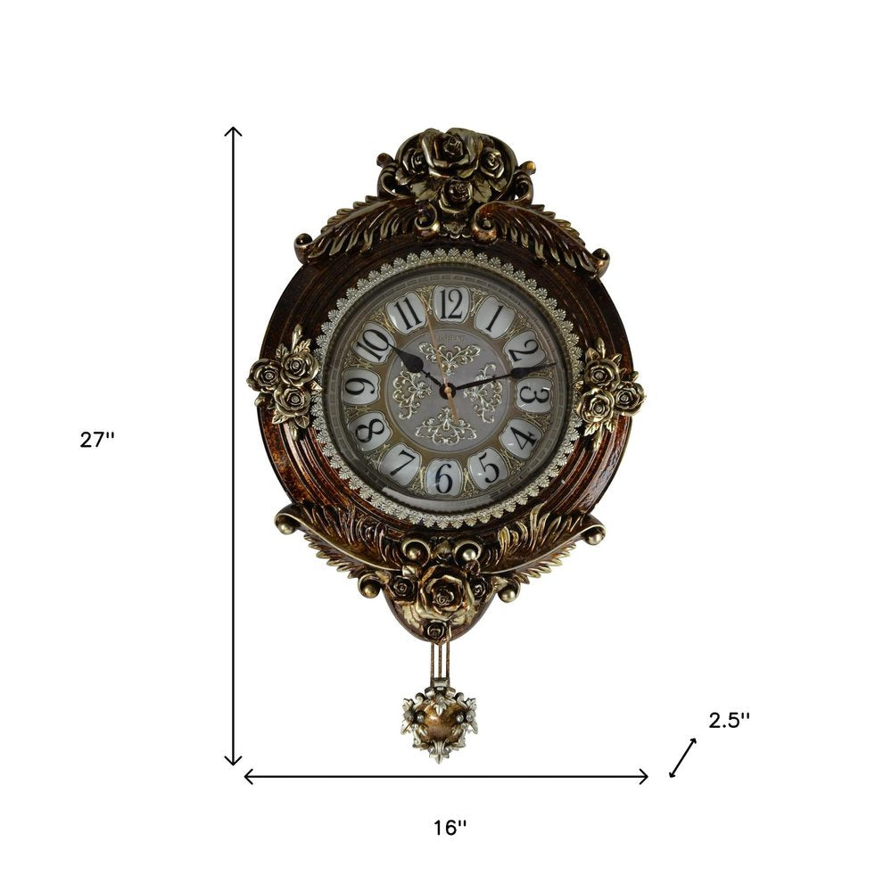 16" Brown And Silver Resin Silent Pendulum Ornate Oval Wall Clock
