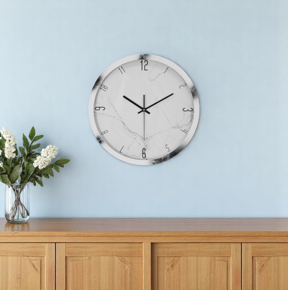 16" Black And White Heavy Duty Plastic Silent Analog Marble Round Wall Clock