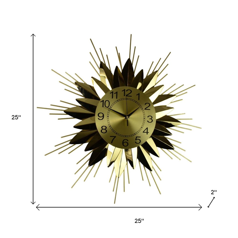 25" Gold And Black Metal Silent Analog Starburst Wall Clock