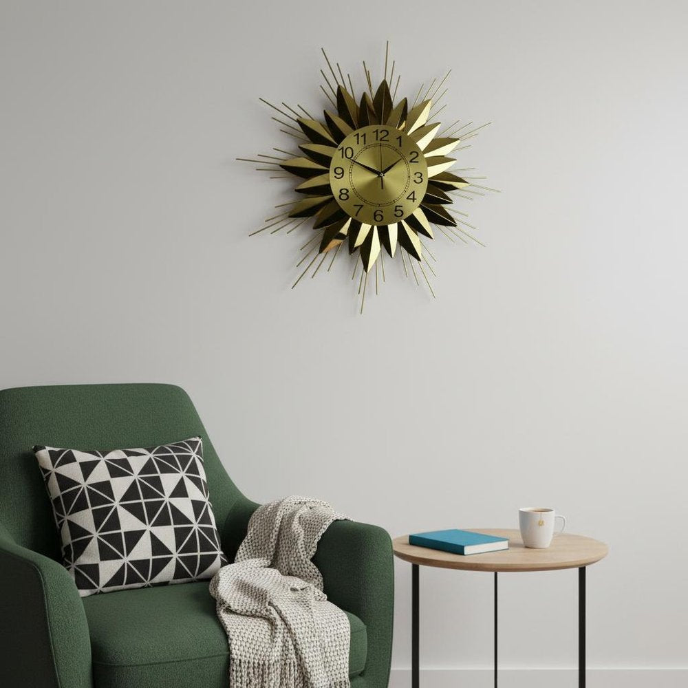 25" Gold And Black Metal Silent Analog Starburst Wall Clock
