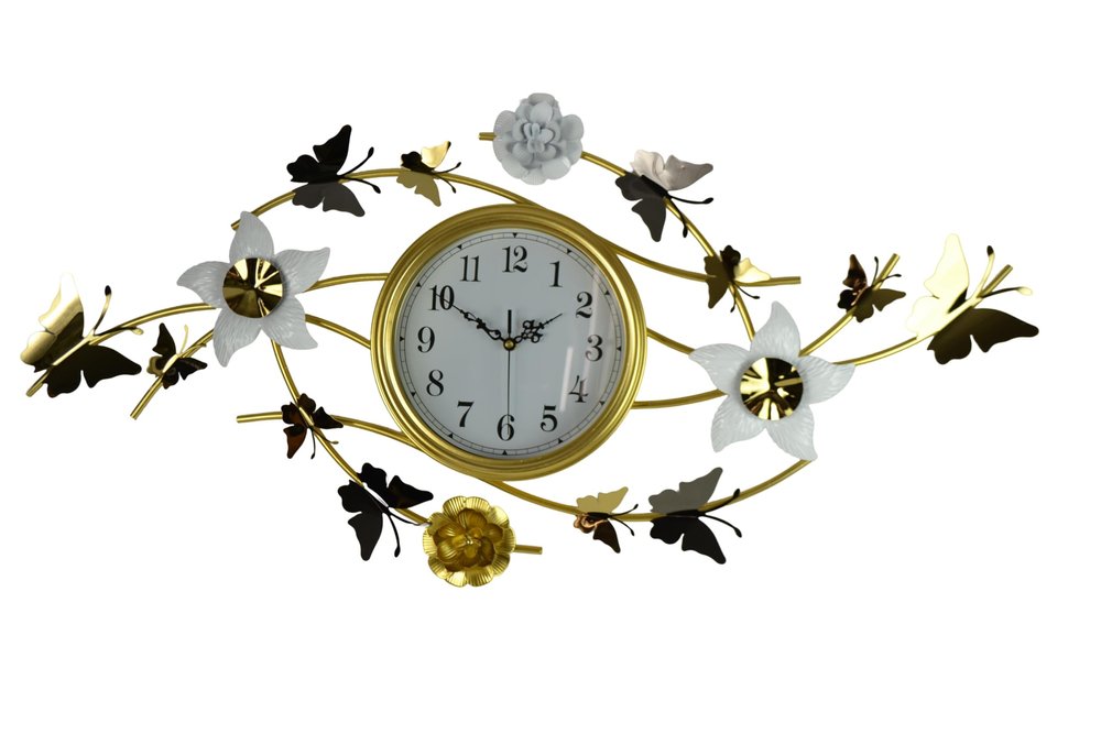 39" Gold And White Metal Silent Analog Butterfly Novelty Wall Clock