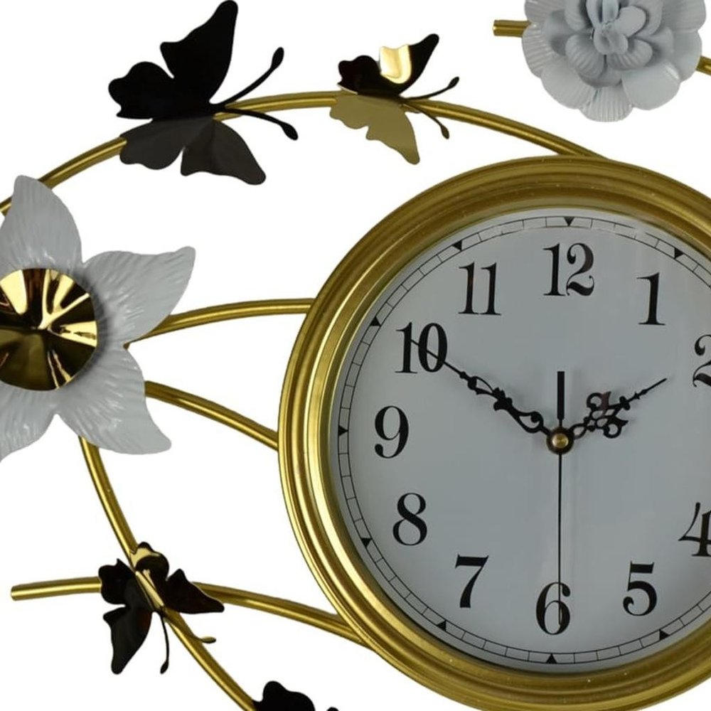 39" Gold And White Metal Silent Analog Butterfly Novelty Wall Clock