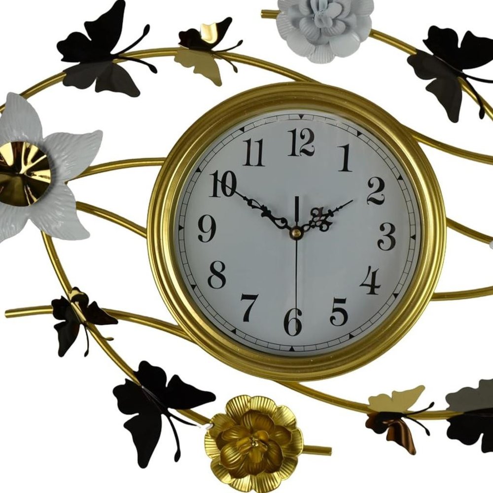 39" Gold And White Metal Silent Analog Butterfly Novelty Wall Clock
