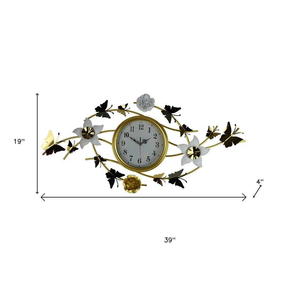 39" Gold And White Metal Silent Analog Butterfly Novelty Wall Clock