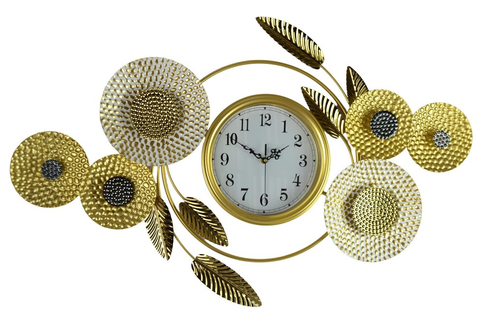 Gold, silver, and white metal analog wall clock with floral and leaf accents on a white background.