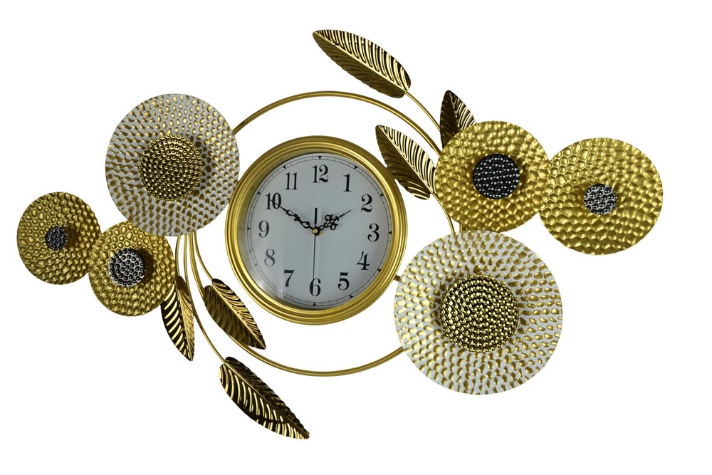 37" Gold Silver And White Metal Silent Analog Floral Novelty Wall Clock