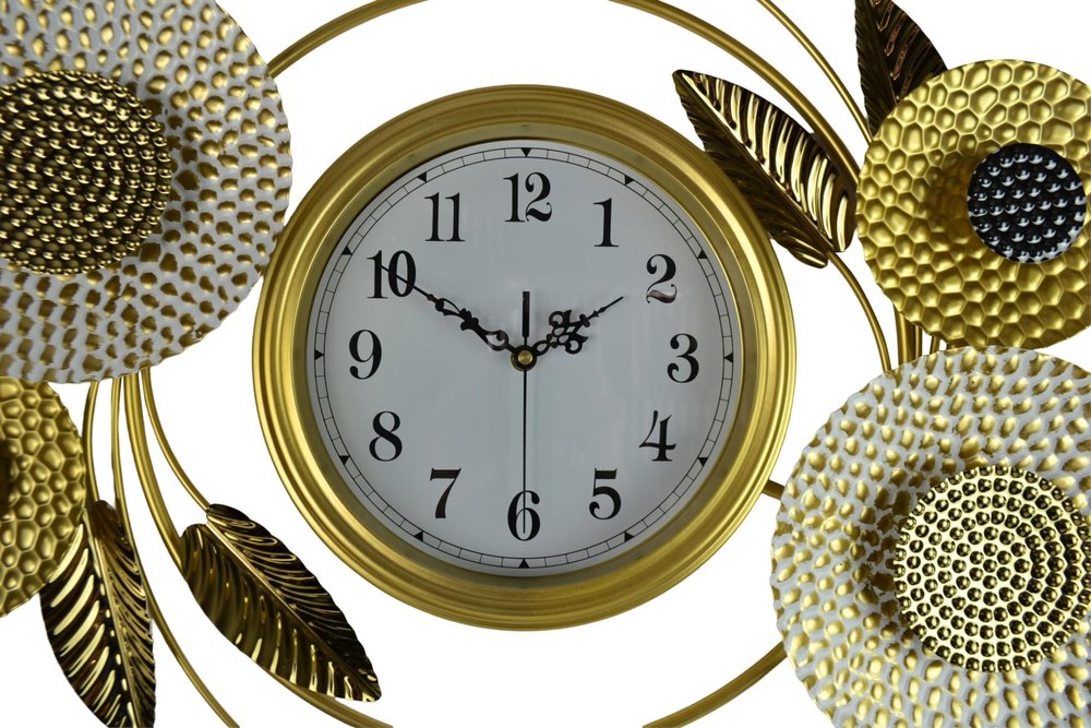 37" Gold Silver And White Metal Silent Analog Floral Novelty Wall Clock